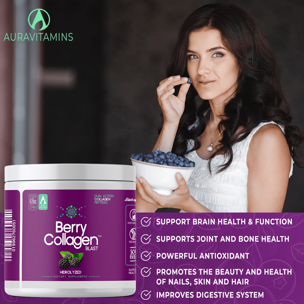Berry Collagen Blast Powder Hydrolyzed (2) |Premium Blend Grass-fed - Soy Free | Dual Action Collagen Peptides | Support Bones and Joints | Blueberry & Blackberry | IGEN GMO - 204 Grams