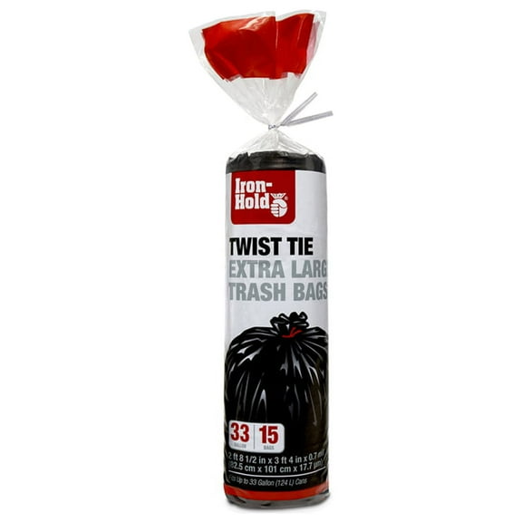 Iron-Hold Large Twist Tie Trash Bags, 33 Gallon, 15 Count