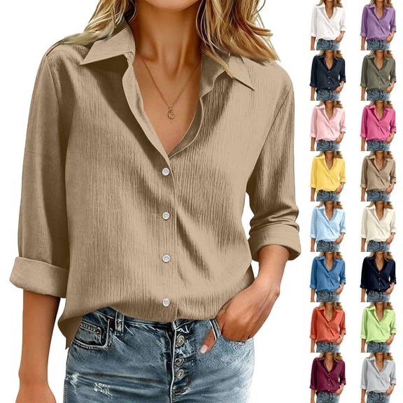Womens Cotton Linen Button Down Shirts Loose Fit Long Sleeve Collared Blouse Casual V Neck Tops Outfits S-3XL Brown S