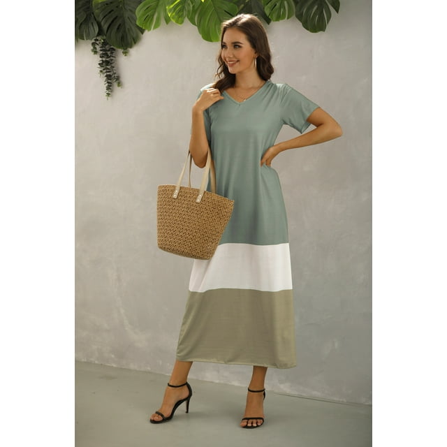 Nouveau V Épissure V Robe Manches Courtes Robe Décontractée Femmes