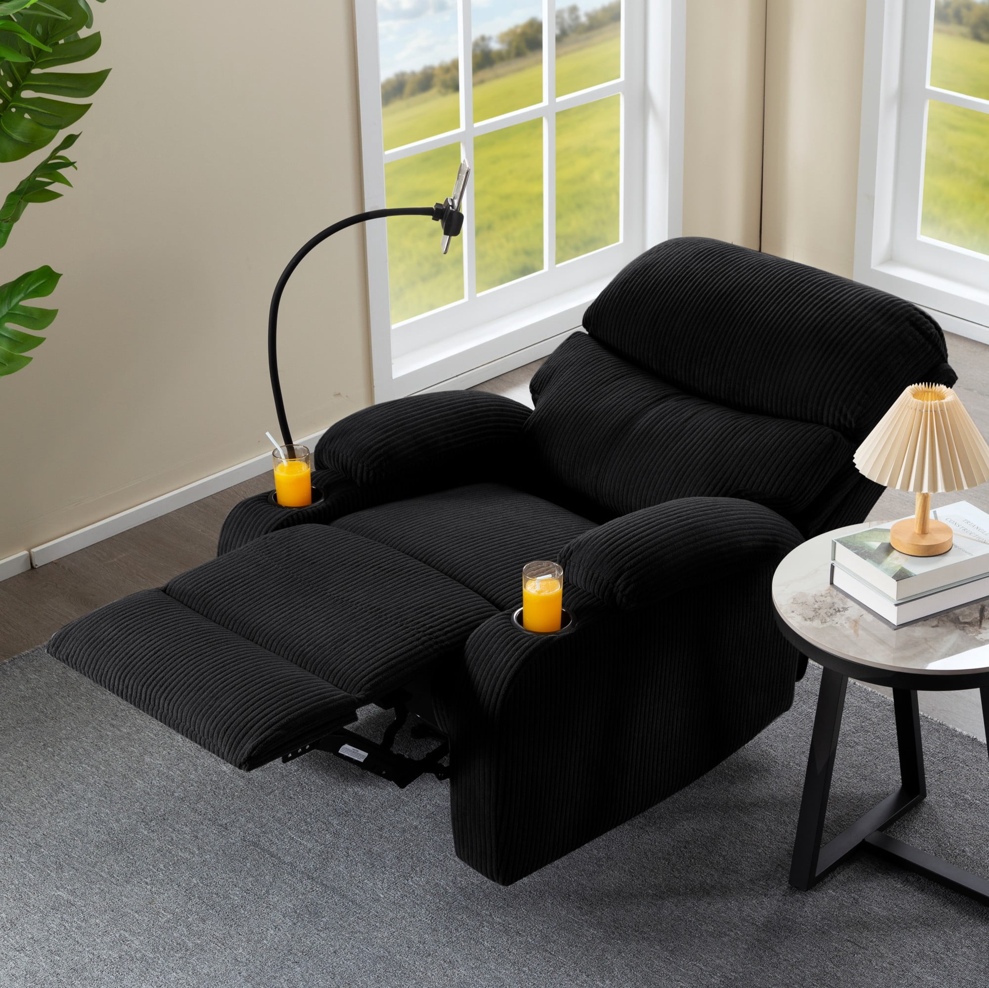 Gewnee Black Corduroy Manual Recliner Chair - Solid Wood Frame with Phone Holder & Cup Holders, Ergonomic Backrest for Living Room Bedroom Office