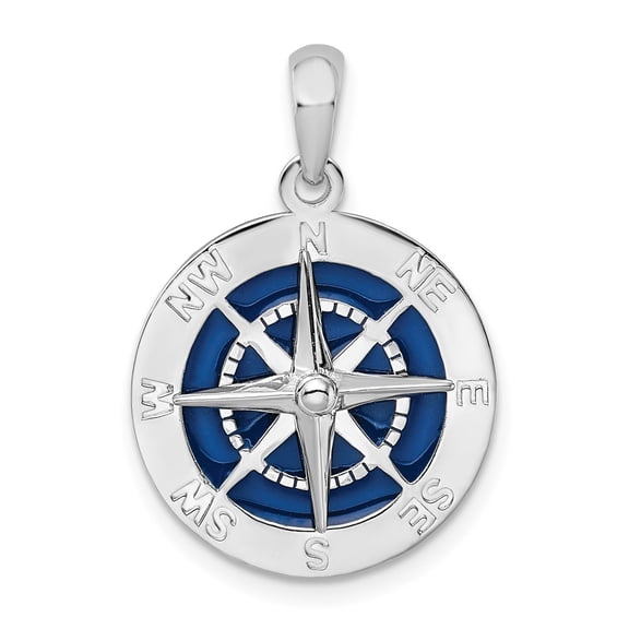 Sterling Silver Rhodium-Plated Polished Enameled Compass Pendant