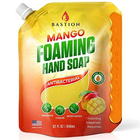 Bastion Foaming Hand Soap Refills Antibacterial Foam Hand Wash 32oz Refill - Mango Scented w/ Essential Oils Bulk Refill Pouch