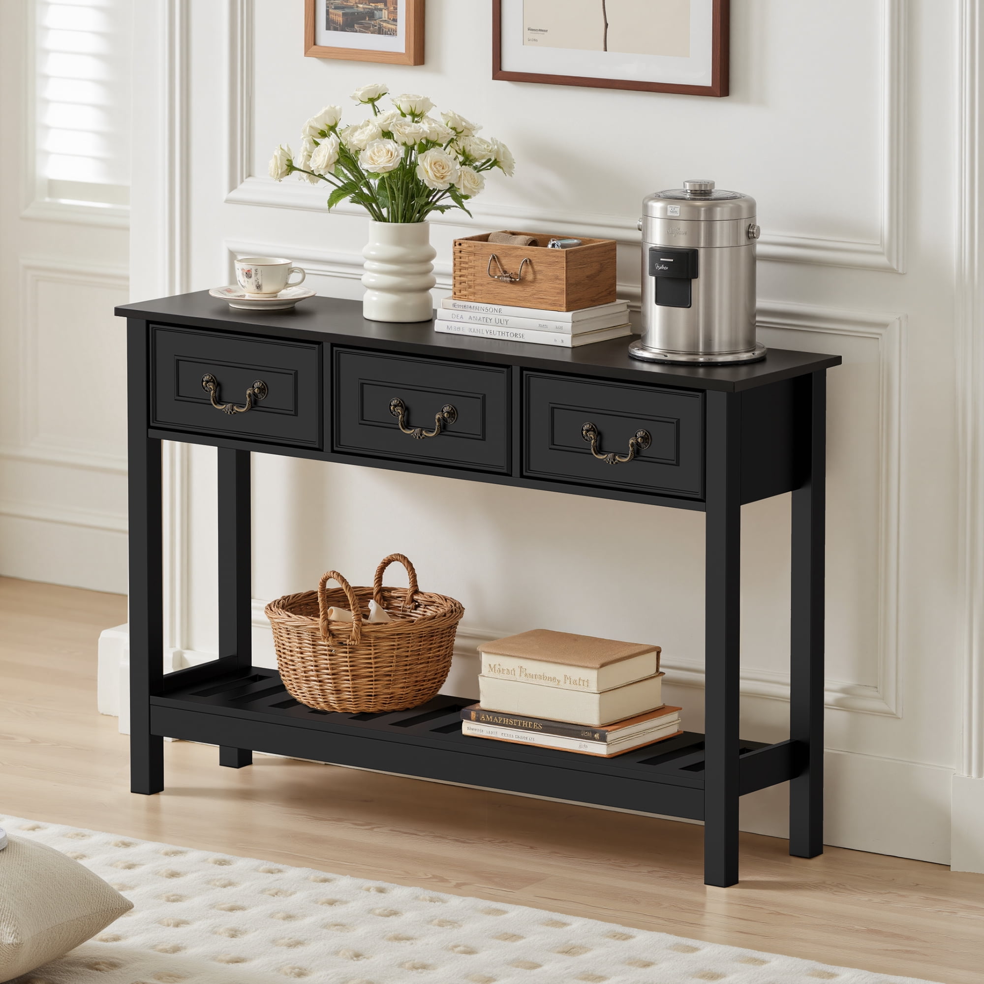 SPANSPACE Farmhouse Console Table with 3 Drawer, 47'' Entryway Table with Open Storage Shelf, Narrow Long Sofa Table for Living Room, Hallway, Behind Soft, Couch , Black