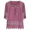 thumbnail image 5 of Womens Lace Tops 3/4 Sleeve Bow V-Neck Patchwork Blouse Embroidery Retro Plus Size Solid Summer T-Shirts Size S-5XL, 5 of 7