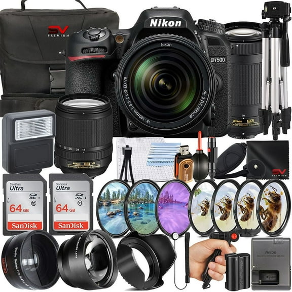 Nikon D7500 Mirrorless Camera with 70-300mm Lens   2 Pack SanDisk 64GB Memory Card   Pistol Grip Tripod   SV Premium Accessory Bundle (International Version)
