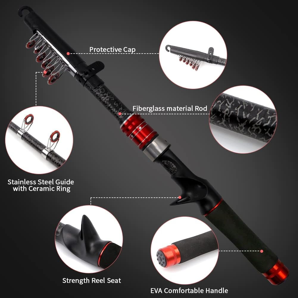 Telescopic Fishing Rod and Right-Hand Baitcasting Reel Combo 7.0:1 Gear Ratio 900g Complete Travel Kit with Lures Hooks Line & Case