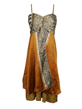 Mogul Women Brown Vintage Recycled Sari Printed Sundress Layered Spaghetti Strap Beach Summer Dresses S/M