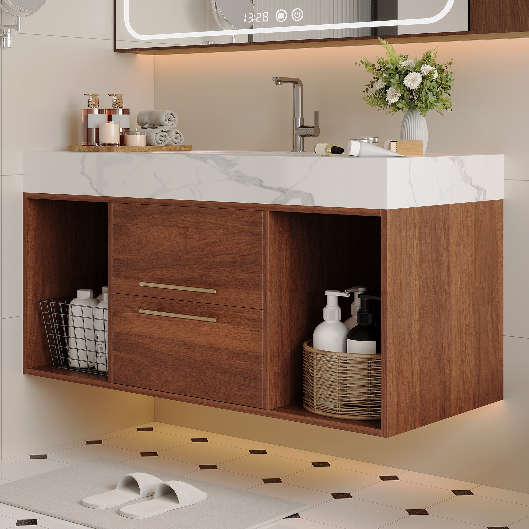 Aukfa 39.4" Floating Bathroom Vanity with Sink, Wall Mounted Cabinet,2 Drawer,Walnut