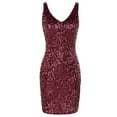 thumbnail image 4 of PrettyGuide Sleeveless Women's Vintage Sequin Dress V Neck Bodycon Mini Fit and Pencil Glitter Party Clubwear Shiny Burgundy, 4 of 6