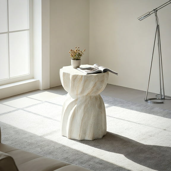 Modern Cement Outdoor End Table for Patio and Garden, Faux Terrazzo Accent Table, Small Round Side Table for Deck, Backyard or Living Room, Tree Stump Style Drum Stool