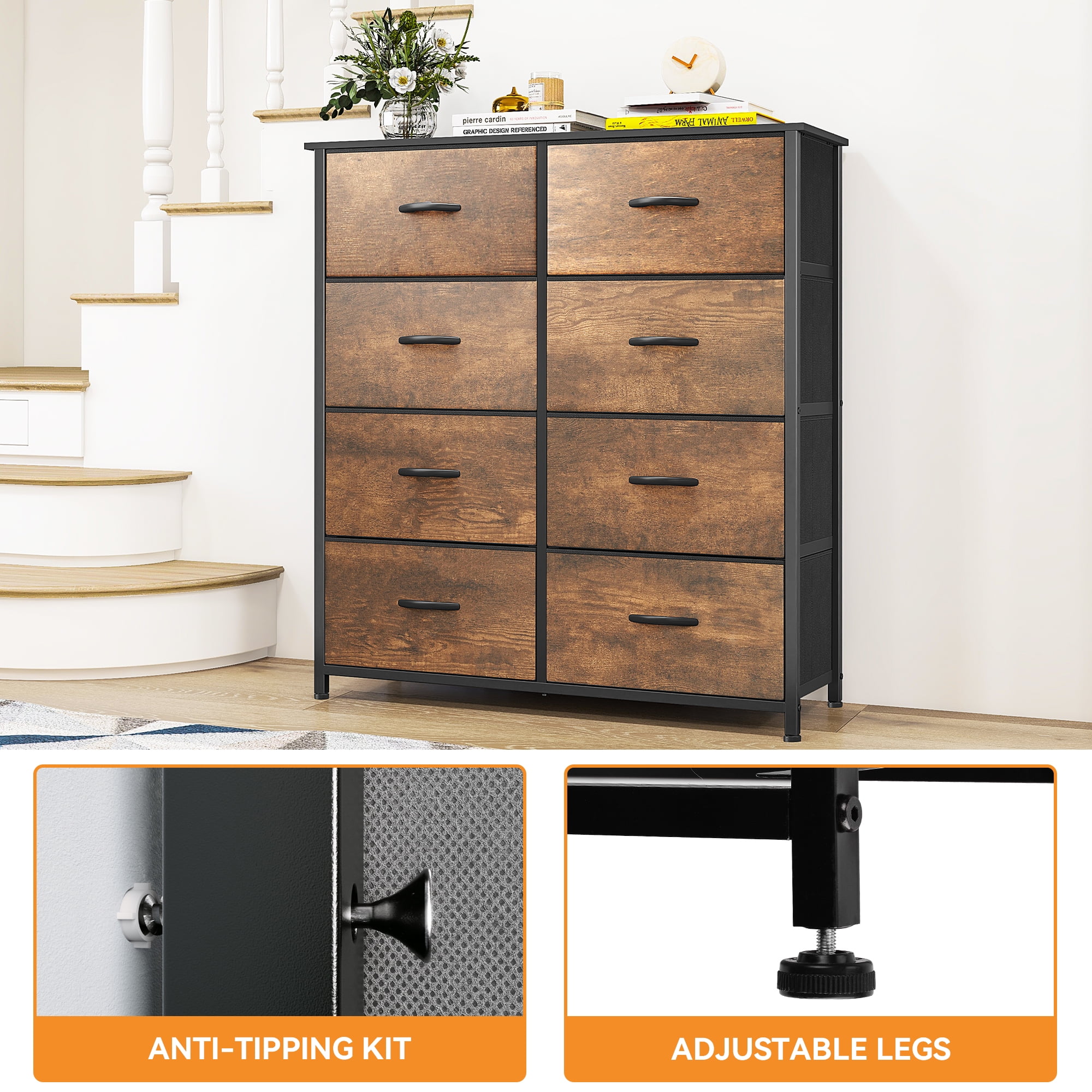​DEXTRUS 8-Drawer Fabric Dresser for Adults, Storage Tower Cabinet for Bedroom & Hallway, Brown