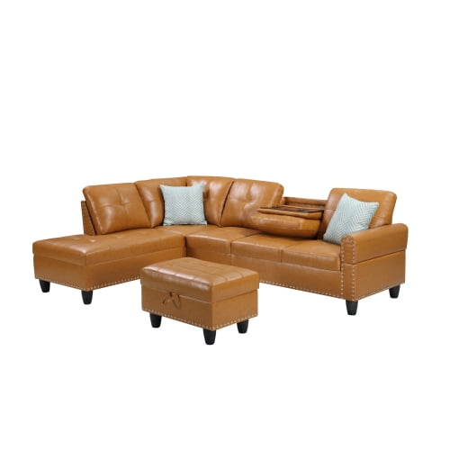 BSHTI 3-Seat Contemporary Faux Leather L-Shaped Sectional Sofa with Reversible Storage Chaise, Storage Ottoman, Cup Holders for Living Room（Ginger）