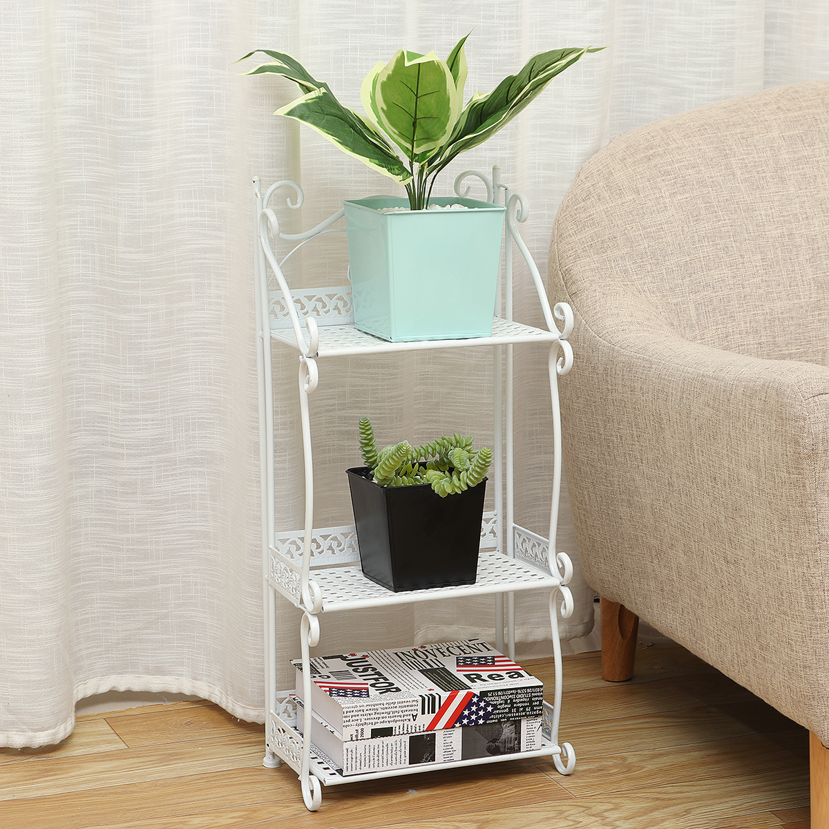 3 Tier Plant Stand, Metal Storage Shelf, Foldable Bookshelf, Shoe Rack