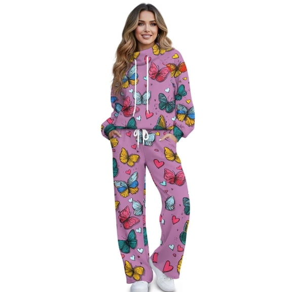 Renewold Women's 2 Piece Y2K Lounge Sets Petite Turtleneck Sweatshirt Straight Leg Pants Breathable Stretch Comfiest Airport Outfits Matching Sweatsuits Set, Butterfly Heart Shape Violet, XS