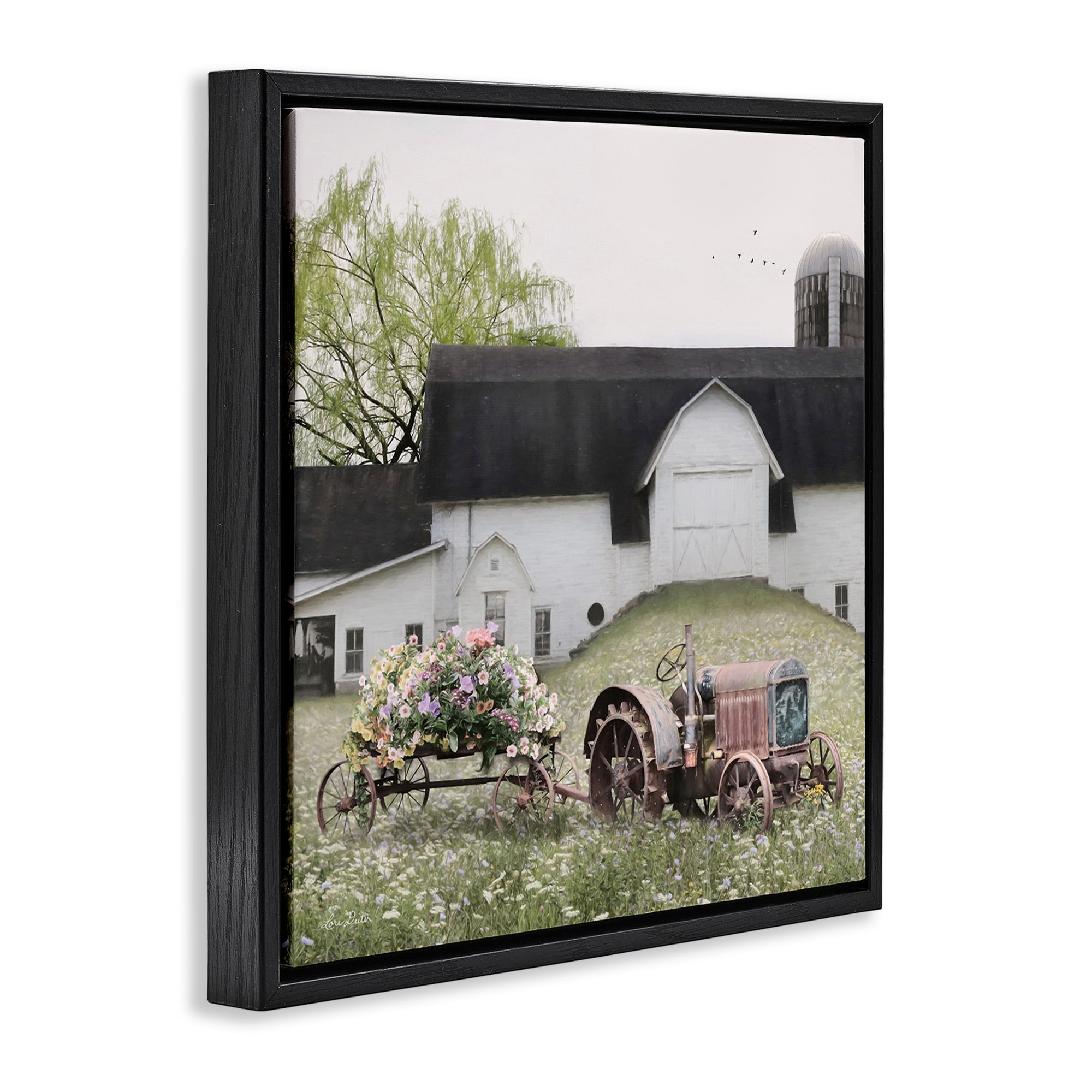 Stupell Industries Floral Tractor in Farmhouse Field Landscape Photography Black Floater Framed Canvas Art Print Wall Art, 18 x 18