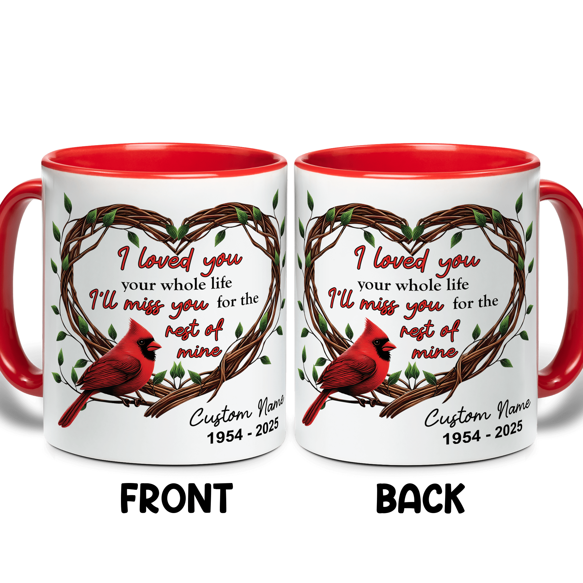 Lotusprinthandmade Personalized Cardinal Memorial Light Green Accent Mug (11oz) (Made In US), cardinal memorial coffee cup, cardinal mug