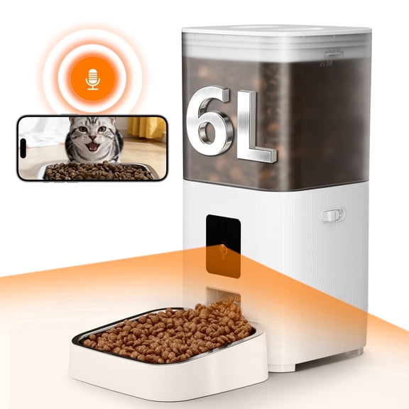 LHRIVER APP Remote Control Automatic Cat Feeder with HD Camera, 2.4G WiFi, 6L/25 Cups Pet Feeder with 304 Stainless Steel Bowl, Dual Power Supply, 2-Way Audio