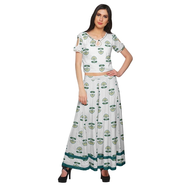 Moomaya Printed Cold Shoulder Keyhole Neck Crop Top And Palazzo Set Ethnic Wear