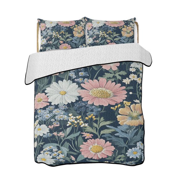 Quilts Queen Size Bedding Set, Spring Daisy Flower Reversible Summer Quilt 3 Pieces, Watercolor Floral Botanical Rustic Lightweight Bedspreads Coverlets with 2 Pillow Shams for All Seasons