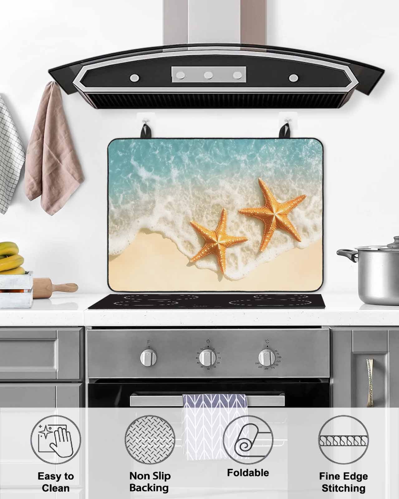 nqOlkjepod Large Induction Cooktop Protector Mat 24"x21", Coastal Summer Stove Top Covers for Electric Stove, Yellow Starfish Ocean Green Water Stove Burner Cover Mats, Glass Top Stove Cover