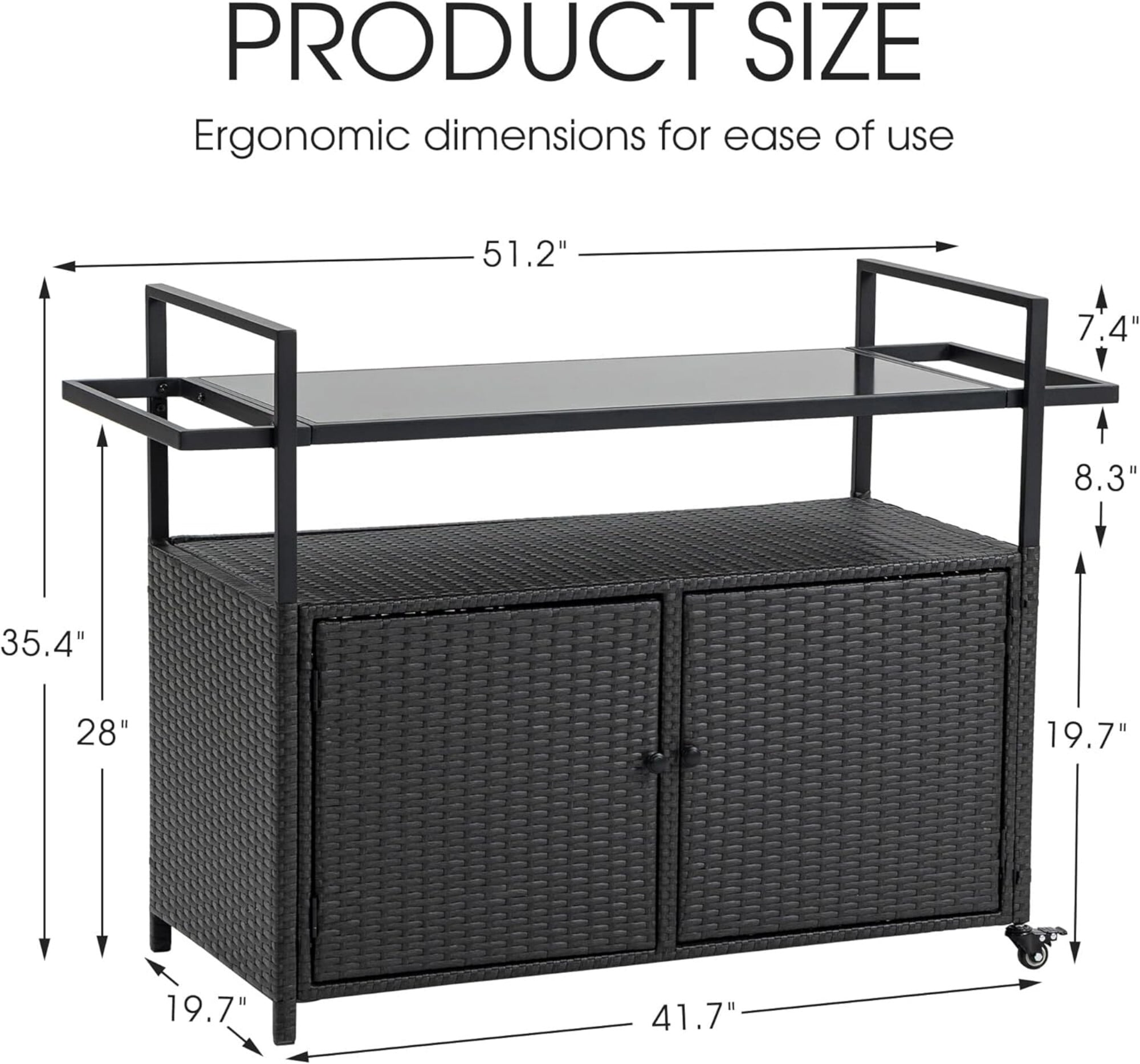 AENKYO Outdoor Bar Cart with Storage Cabinet, Glass Top, All-Weather Wicker Patio Serving Table with Wheels, Black