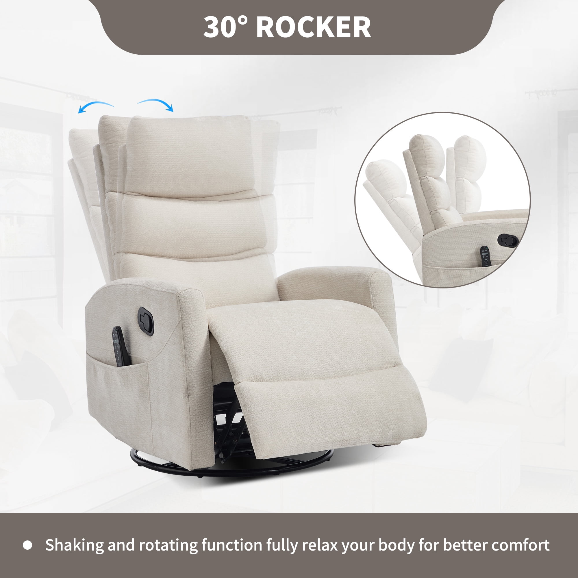 Leumius Manual Recliner Chair with Massage and Heat for Adult,360° Swivel Rocker Chair with Ergonomic High Backrest,Glider Recliner Nursery Chair with Side Pockets for Living Room,Beige Chenille