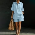 thumbnail image 4 of Cagogo Women Plus Size 2 Piece Set Casual Collared Short Sleeve Shirt Shorts Solid Summer Outfits Tracksuits Lounge Sets Vacation Travel Clothes, Blue M, 4 of 7