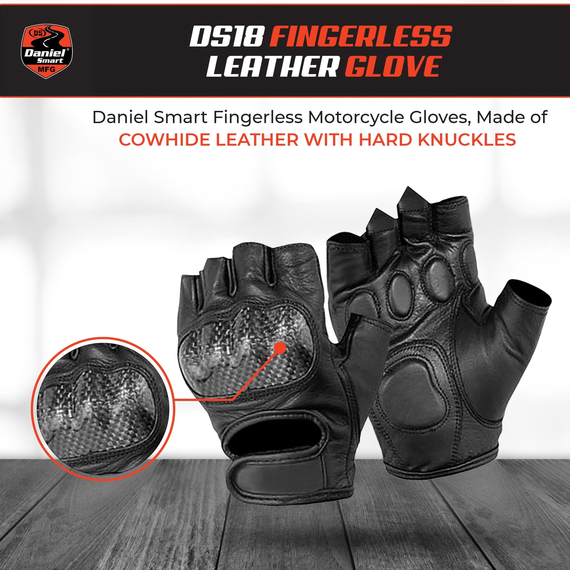 Daniel Smart Cowhide Leather Gloves – Fingerless Men Motorcycle Gloves with Gel Palm and Hard Knuckles