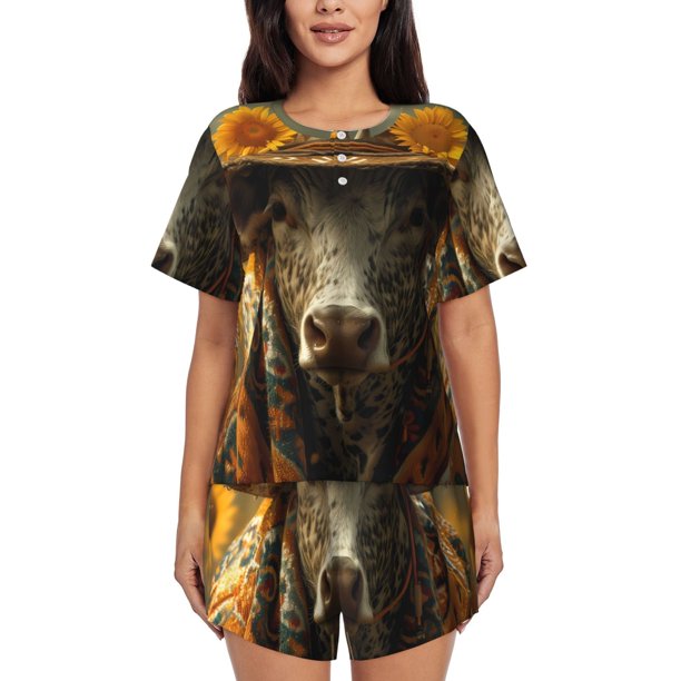 Fotbe Sunflower Cowboy Hat Cow Conjunto de Pijama Estampado para Mujer, 2 Piezas, Ropa de Dormir con Camiseta de Manga Corta y Shorts Suaves-Small