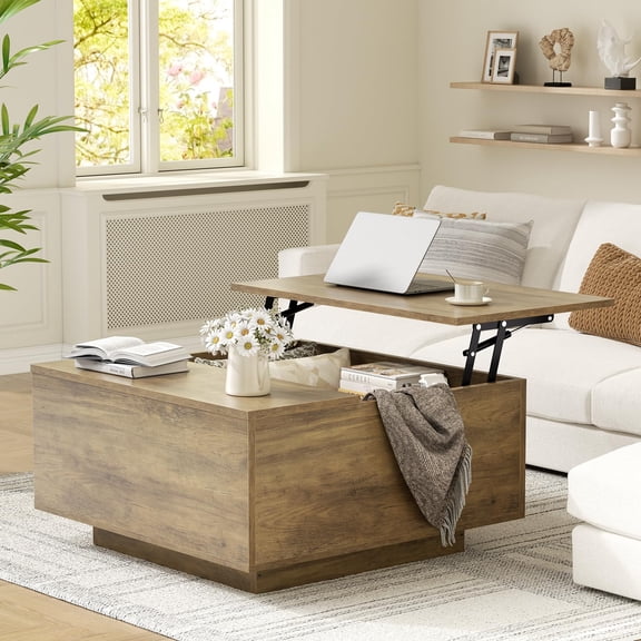 Top Coffee Table In Oak Finish, Square Storage Table For Living Room