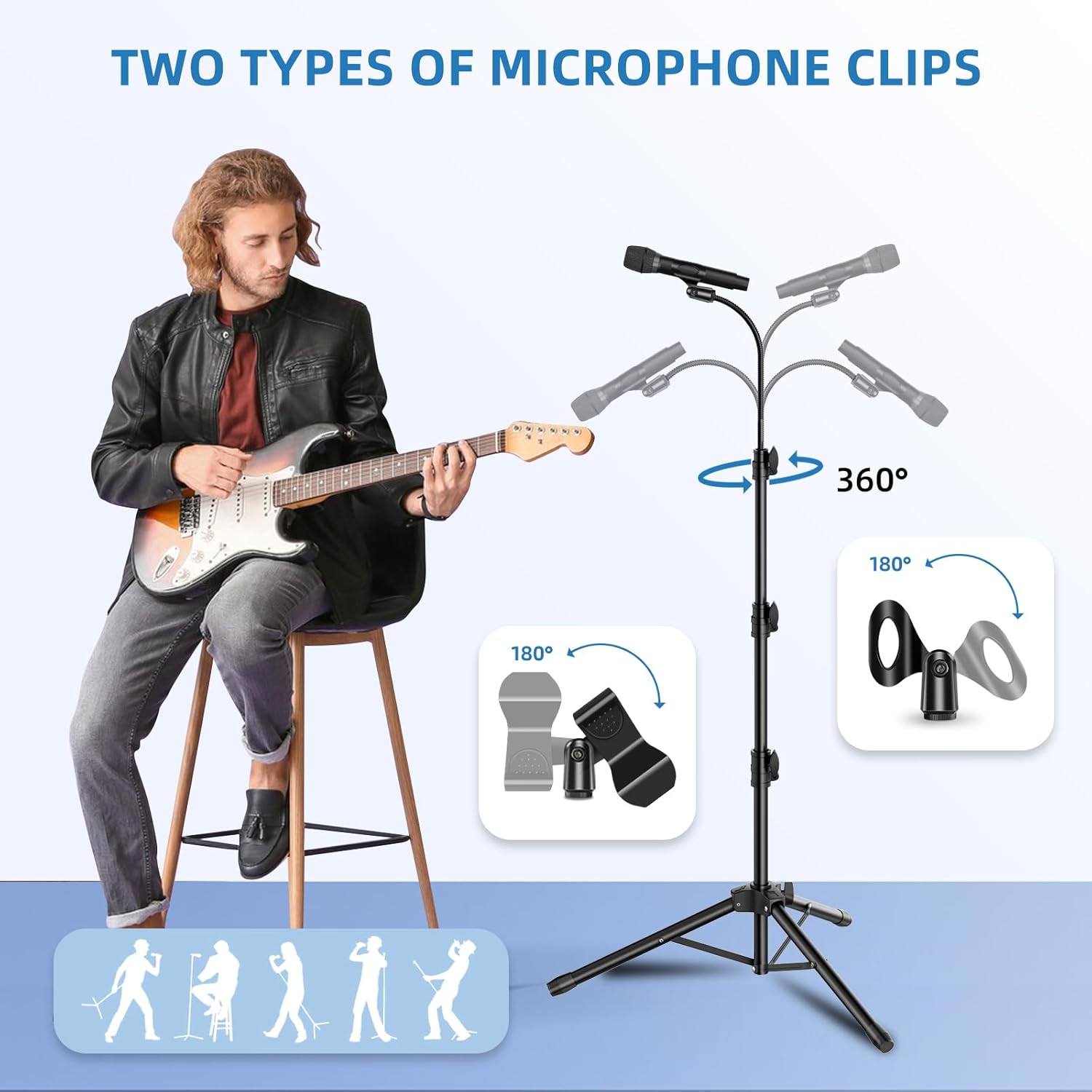 2 Pack Mic Stand Gooseneck Microphone Boom Stand for Singing Height Adjustable from 24” to 67” with 2 Mic Clips for Adults and Kids Singing Lecture Stage