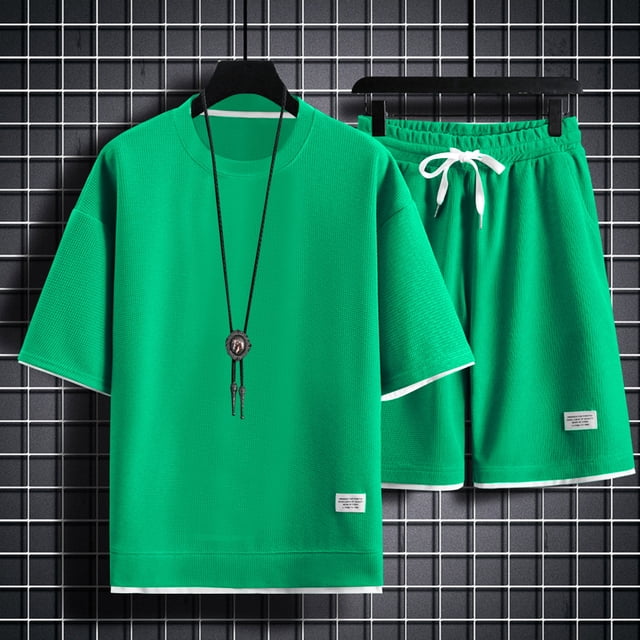 WILLBEST Traje Deportivo Informal de Manga Corta de Verano para Hombre, Traje de Dos Piezas con Camisa Holgada y Pantalones Cortos