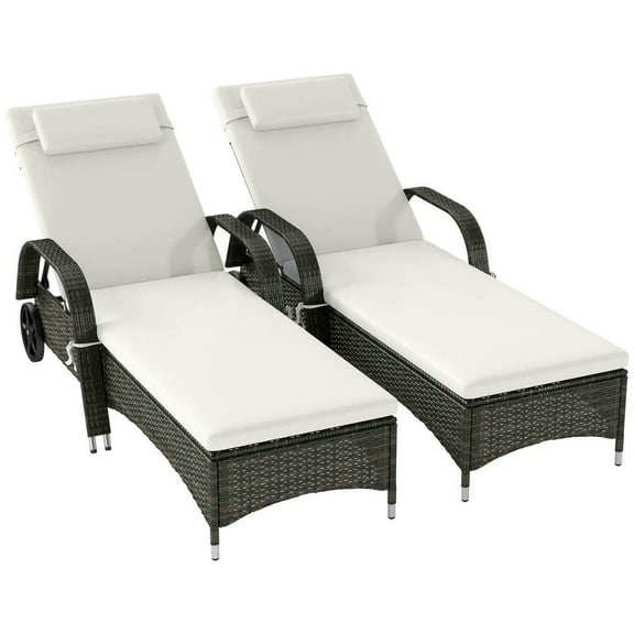 Barara King Patio Lounge Chair Set,Reclining Outdoor Chaise Lounger Set,2 Reclining Chaise Lounge Chairs, Rolling Outdoor Chairs with Cushion, Pillow, and Wheels, Cream