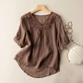 thumbnail image 2 of Endives Womens Shirts Embroidered Tops Floral Cotton Linen Tunic T-shirt Tee 3/4 Sleeve V Neck Button Boho Ethnic Womens Tops, 2 of 6