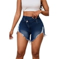 thumbnail image 2 of Women's High Waisted Ripped Denim Shorts with Pockets Frayed Raw Hem Distressed Jean Shorts for Summer Casual Wear Dark Blue 2XL, 2 of 5
