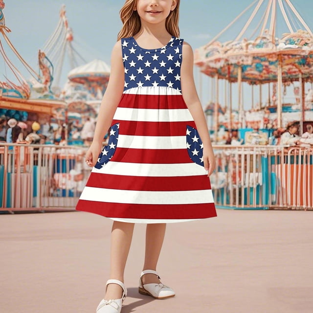 MKOSPLRT Robe 4 Juillet pour Fille 3-14 Ans avec Poche Sans Manches Col Ras du Cou Robe Ligne A Robe d'Été Vacances Rouge Blanc Bleu Robe avec Poche