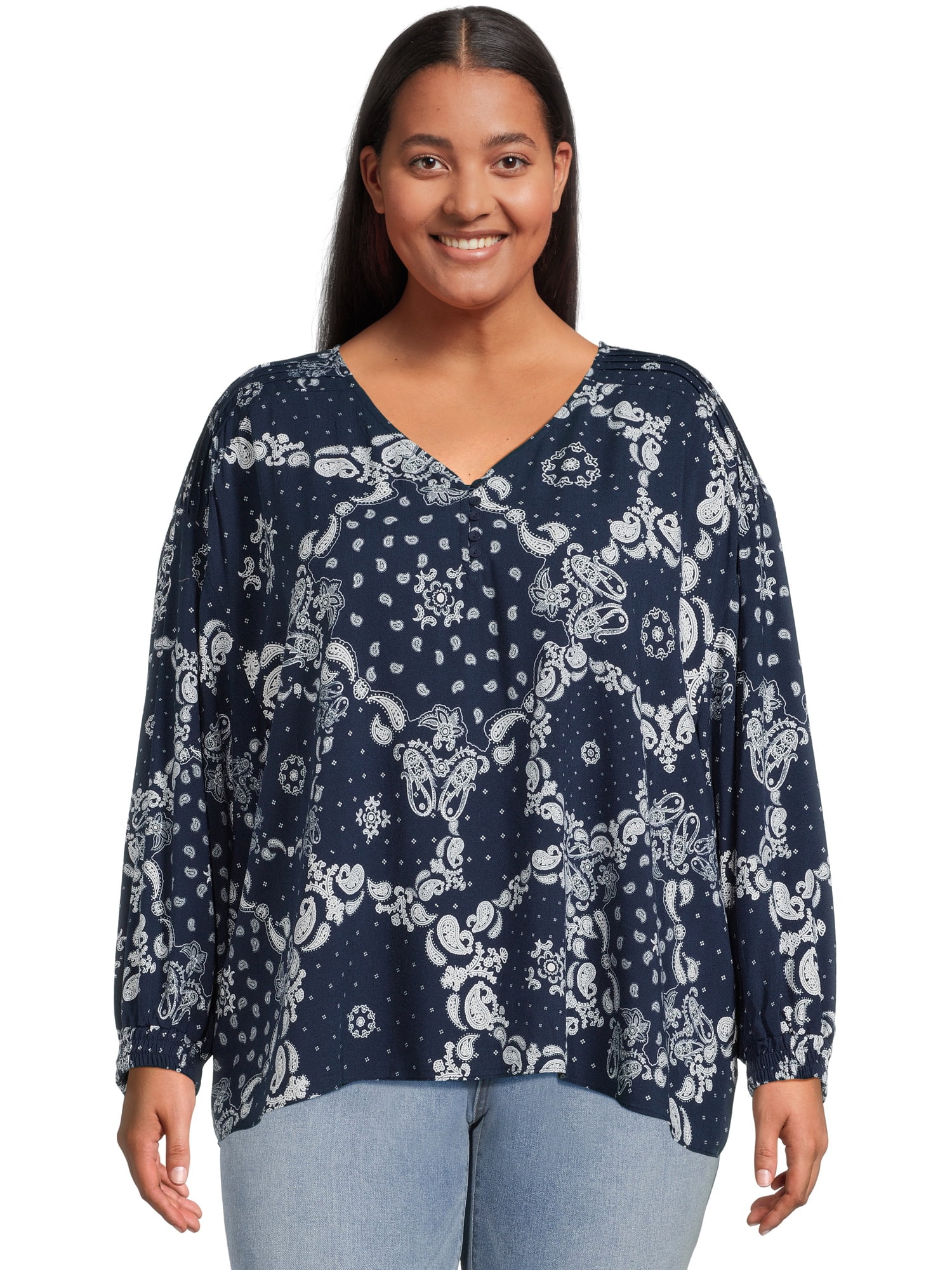 Terra & Sky Women's Plus Size Print Henley Top with Long Sleeves ...