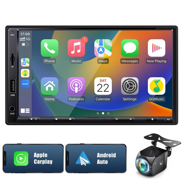 Zeminba Estéreo de coche de doble DIN de 7 pulgadas para Carplay inalámbrico y Android Auto con control de voz, radio de coche con pantalla táctil HD Bluetooth5.2, AM/FM/Mirror Link/cámara de respaldo