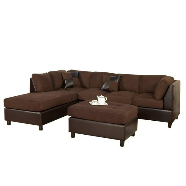 Benzara 3 Piece Reversible Fabric And, Chocolate Brown Leather Sectional Sofa