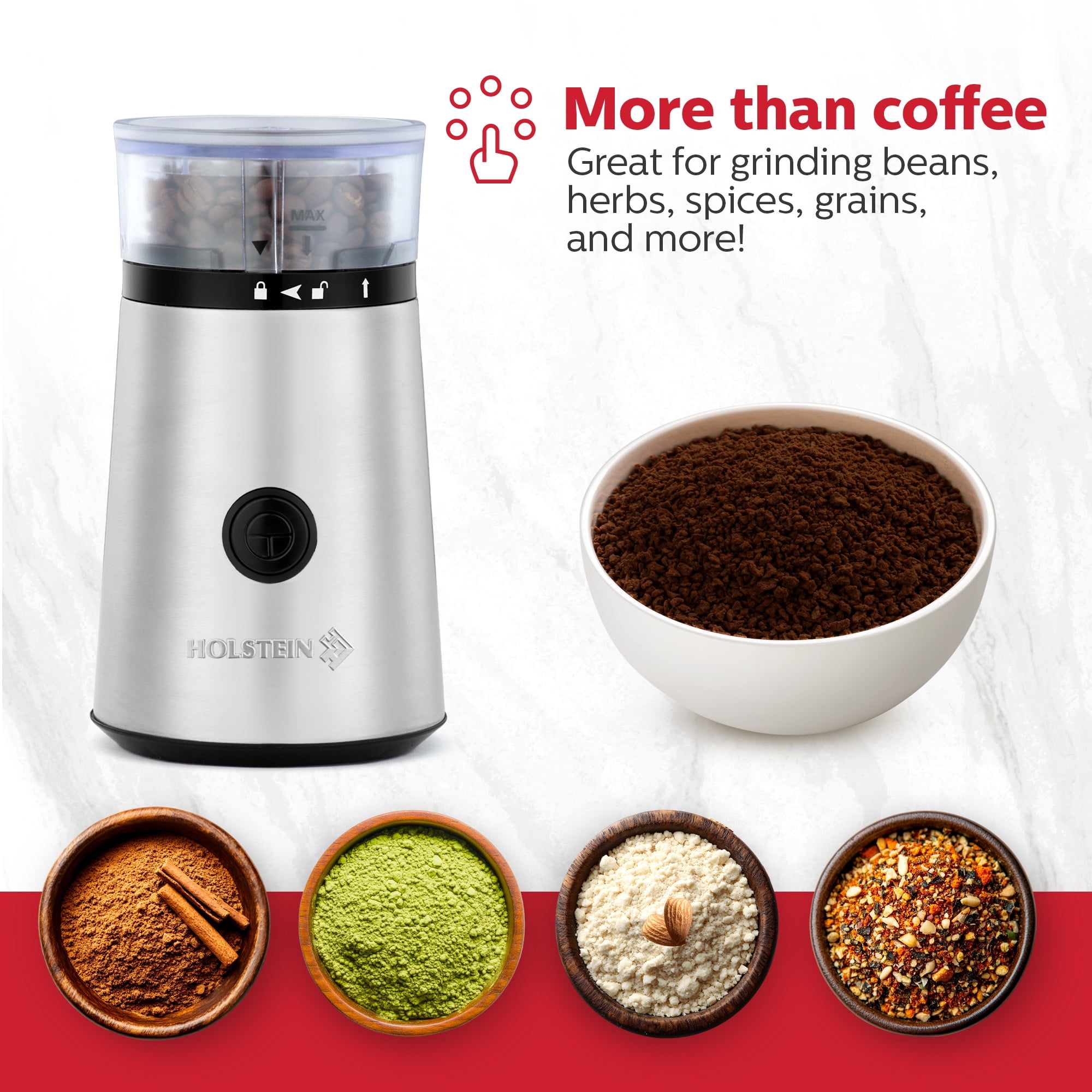 Holstein Housewares Electric Coffee Grinder Featuring a 2.1oz Capacity, Stainless Steel Blades, 150-Watt Motor for Coffee Beans, Nuts, Herbs, Grains, and Spices pulse Function