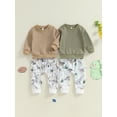 thumbnail image 4 of Aojekbee Toddler Boy Fall Outfits Waffle Long Sleeve Round Neck Sweatshirt and Animal Pattern Pants 2 Pcs Set, 4 of 10
