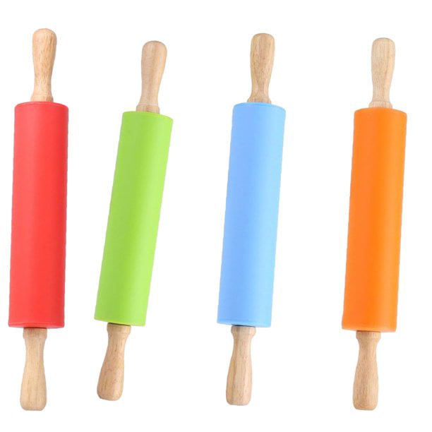 Non-Stick Silicone Rolling Pin Wooden Handle Fondant Pastry Dough Roller Sticks 