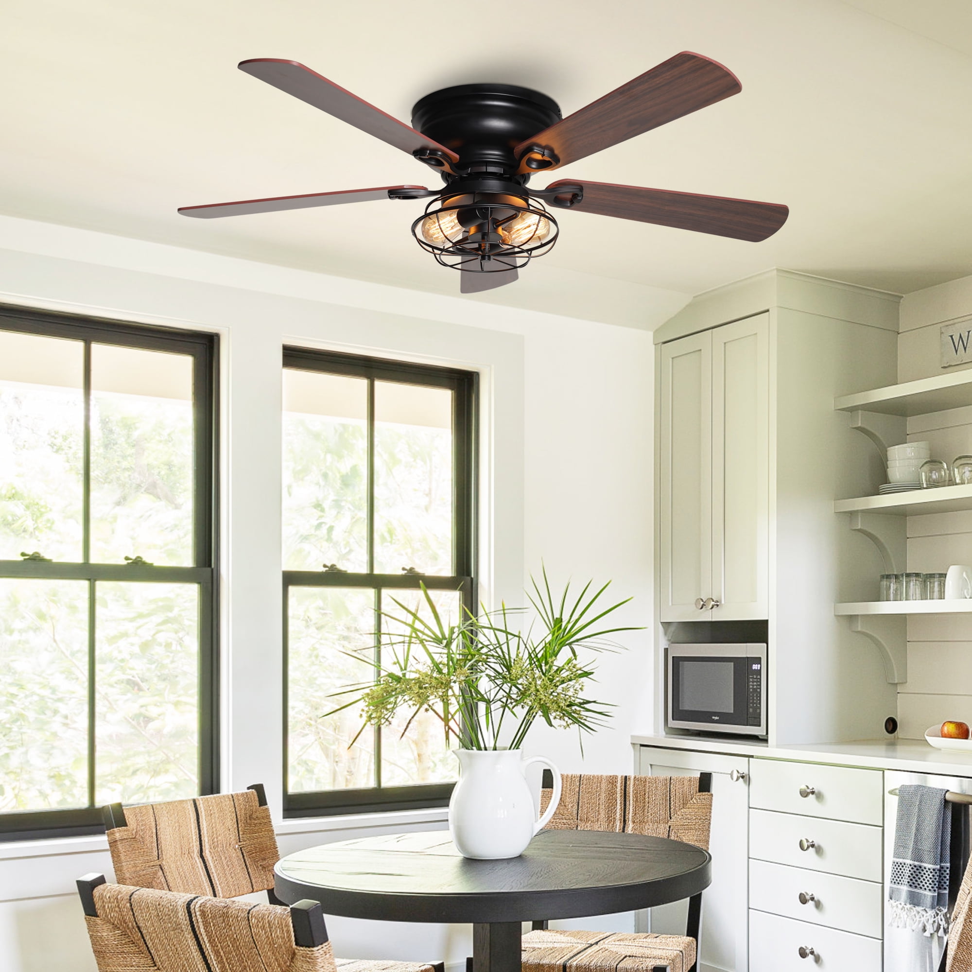 Parrot Uncle 48" Farmhouse Flush Mount Caged Ceiling Fan with Remote Control and Light Kit, Low-Profile Chandelier Ceiling Fan