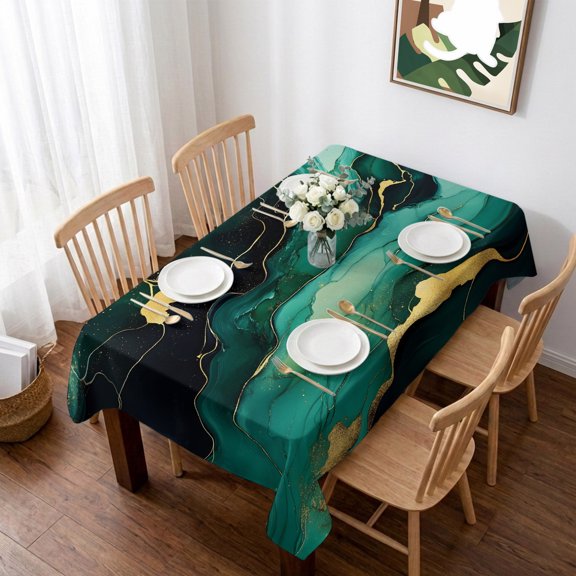 Teal Marble Table Cloth Waterproof Tablecloths, Modern Green Golden Abstract Ombre Texture Tablecloth Dining Table Cover for Kitchen Party Tabletop Outdoor, Rectangle Tablecloth 52x70 Inch