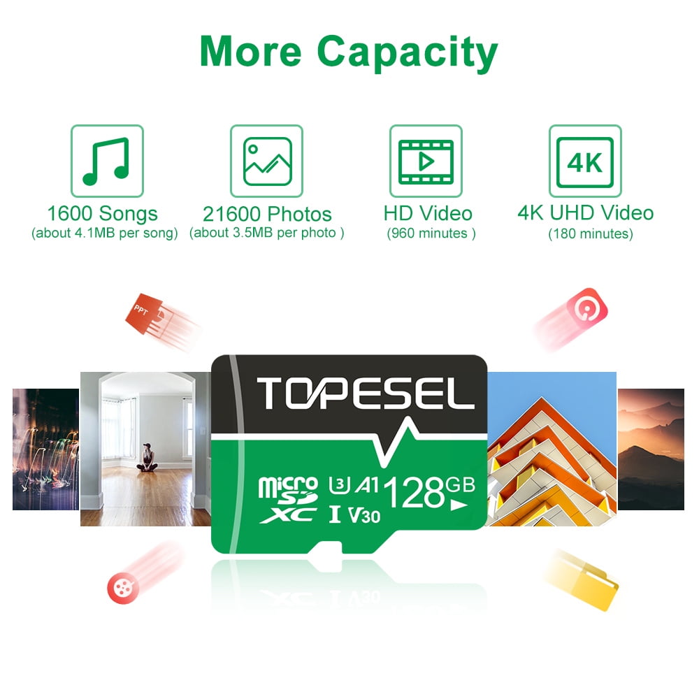 TOPESEL 128GB microSDXC Memory Card with Adapter, microSDXC U3 Class 10 SD Card for Nintendo Switch Camera Phone Drone Green