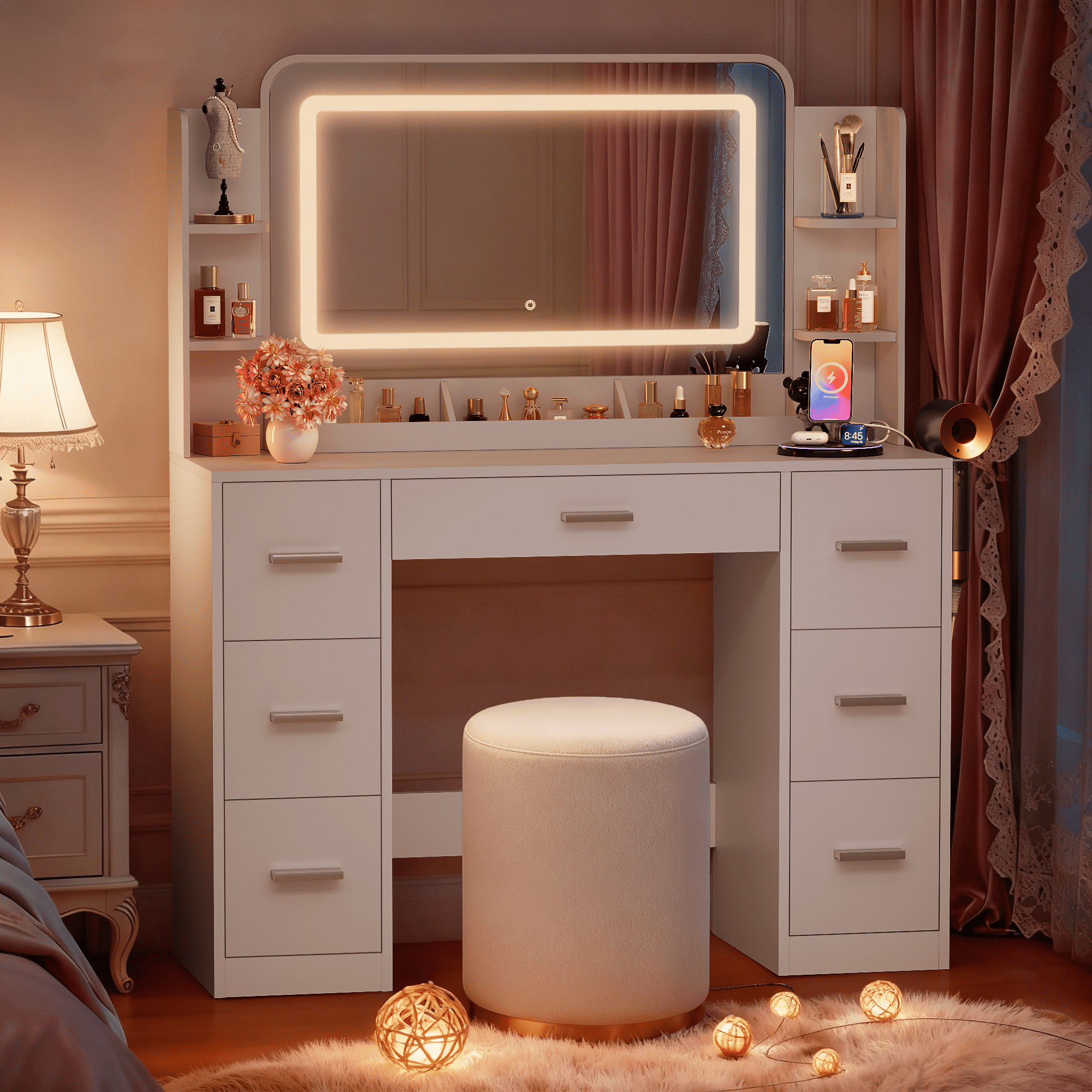Furmax Makeup Vanity Desk with LED Mirror, Modern Vanity Table Set with Storage & Power Outlet for Bedroom & Dressing Room, White