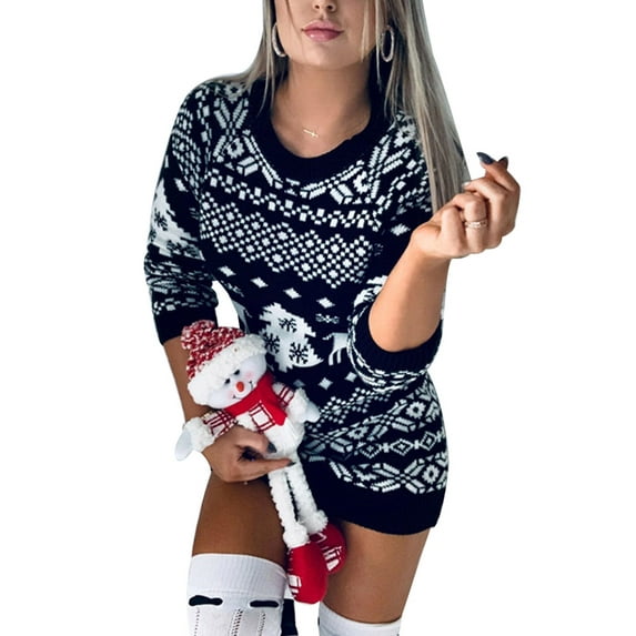 hirigin Fashion Autumn Winter Women Long Sleeve Loose Christmas Dress New Year Festival Christmas Print A-line Mini Dress Ladies