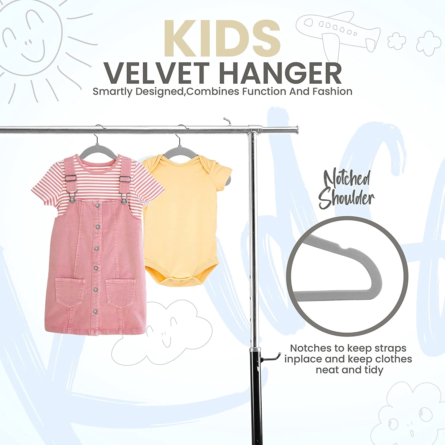 Kids Velvet Hangers 50 Pack – 11 Inch Non-Slip Baby Hangers for Baby and Toddlers, Durable Ultra-Slim Space-Saving Closet Organizers (Grey)