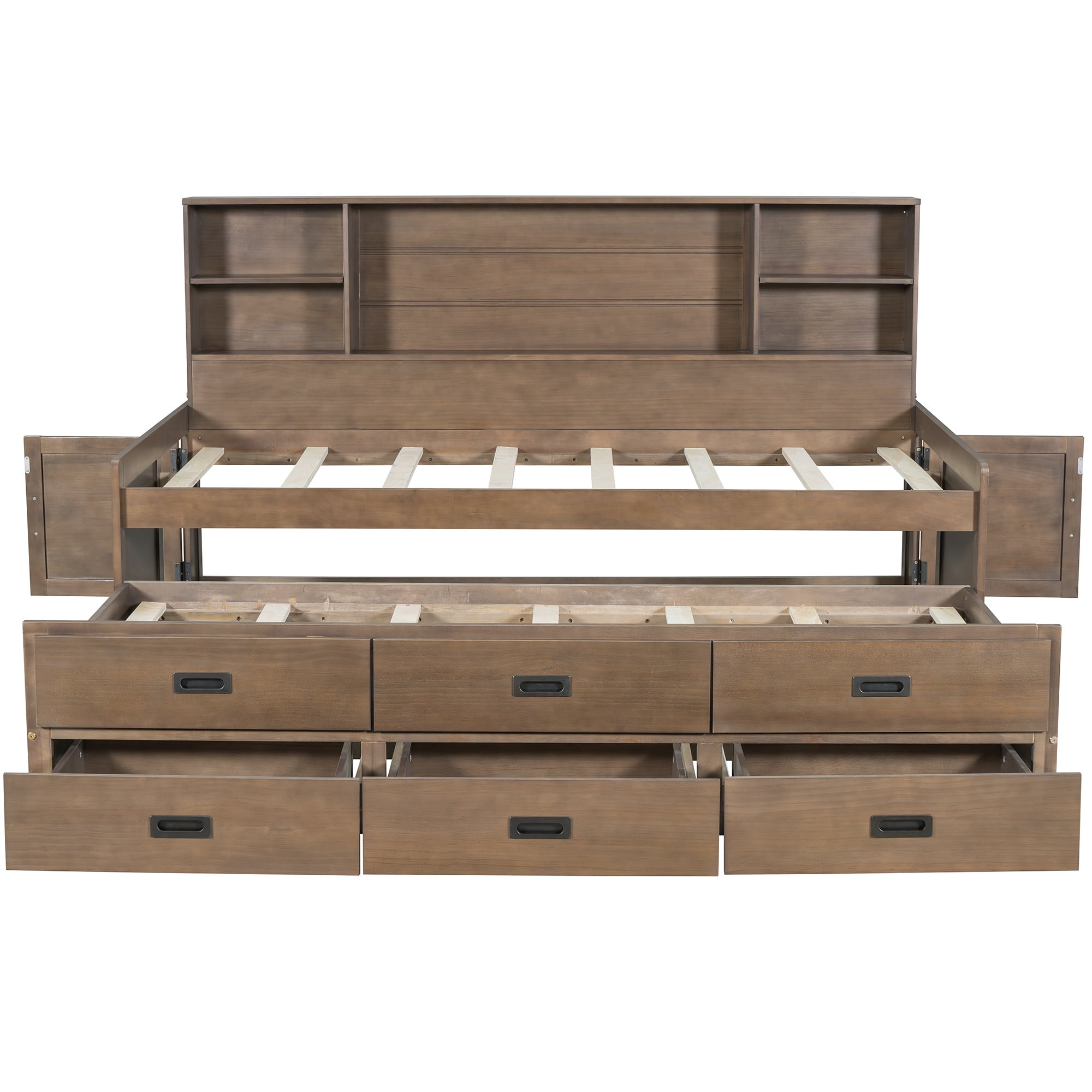 PORKISS Twin Size Daybed, Wooden Captain Daybed with Storage Bookcase Headboard, Modern Captain’s Bed with Trundle and Storage Drawers for Kids, Teens, No Box Spring Needed, Walnut